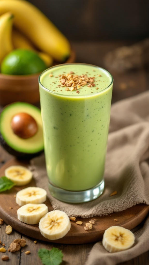 A creamy avocado and banana smoothie in a glass topped with granola