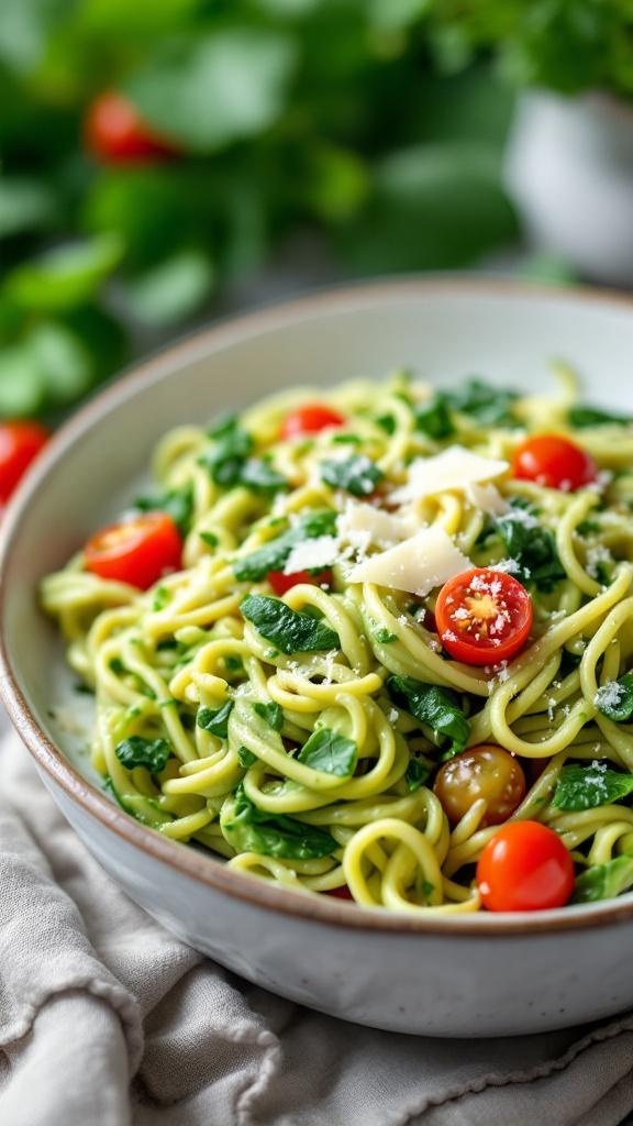 A bowl of creamy avocado and spinach pasta with cherry tomatoes.