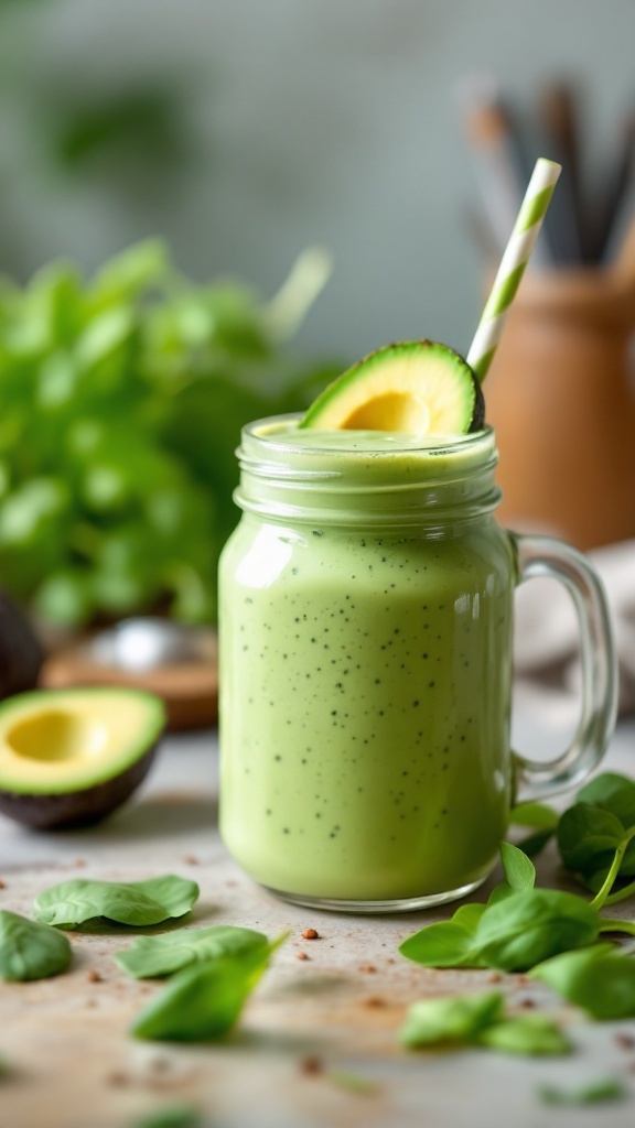 Creamy avocado and spinach smoothie in a glass with a green straw