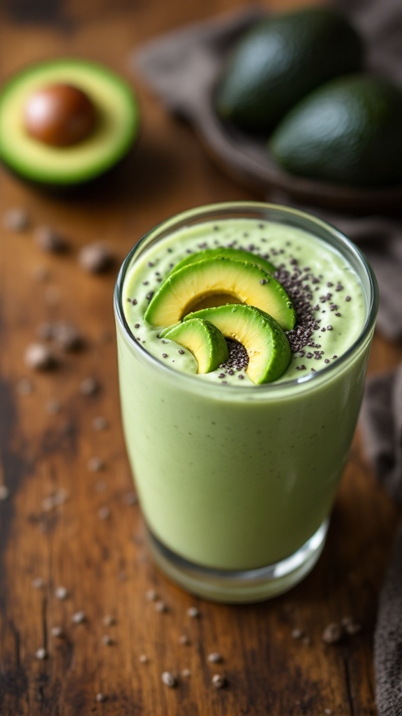 A creamy avocado collagen smoothie in a glass, garnished with avocado slices.
