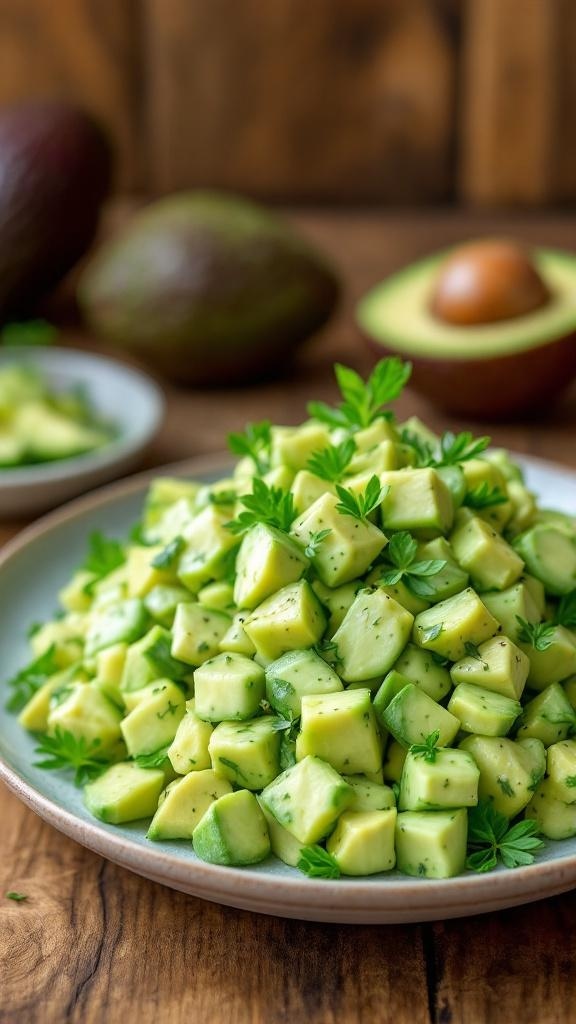 A vibrant creamy avocado cucumber salad with diced cucumbers and avocado garnished with cilantro.