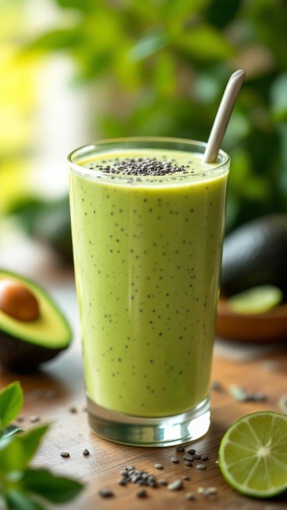 A creamy avocado smoothie in a glass with chia seeds on top, surrounded by fresh ingredients.