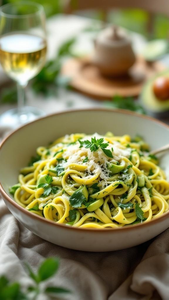 A bowl of creamy avocado pasta topped with herbs and cheese, with a glass of white wine in the background.