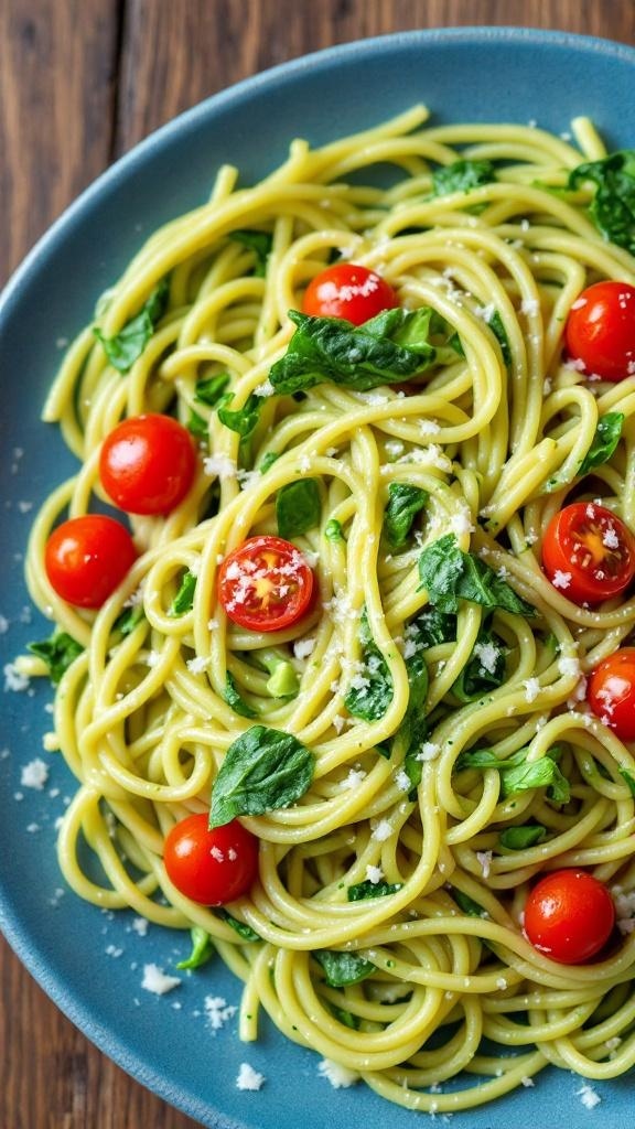 A plate of creamy avocado pasta with spinach and cherry tomatoes