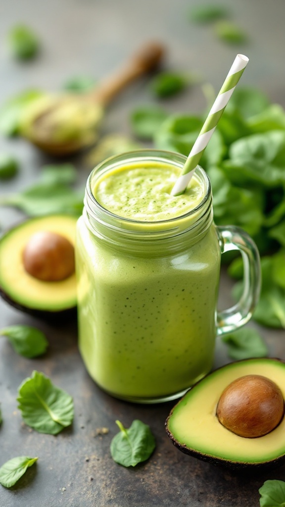 A creamy avocado spinach smoothie in a glass jar with a straw, surrounded by fresh spinach and avocado halves.