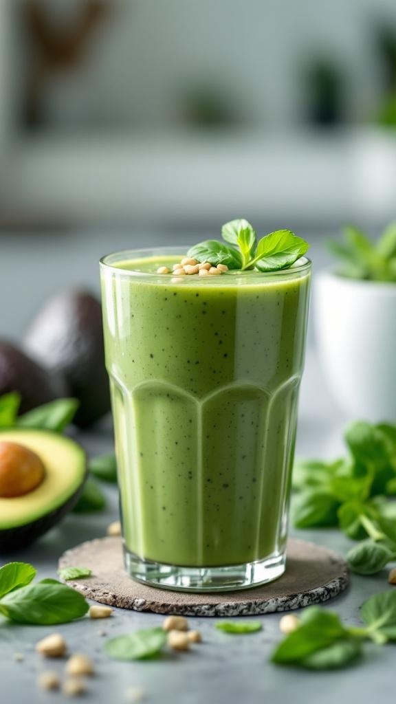 A creamy avocado spinach smoothie in a glass, garnished with a basil leaf and pine nuts, surrounded by fresh ingredients.