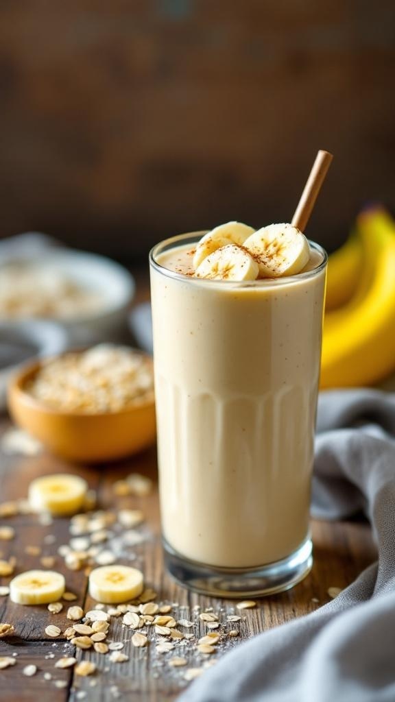 A creamy banana oatmeal smoothie in a glass, topped with banana slices and surrounded by oats.
