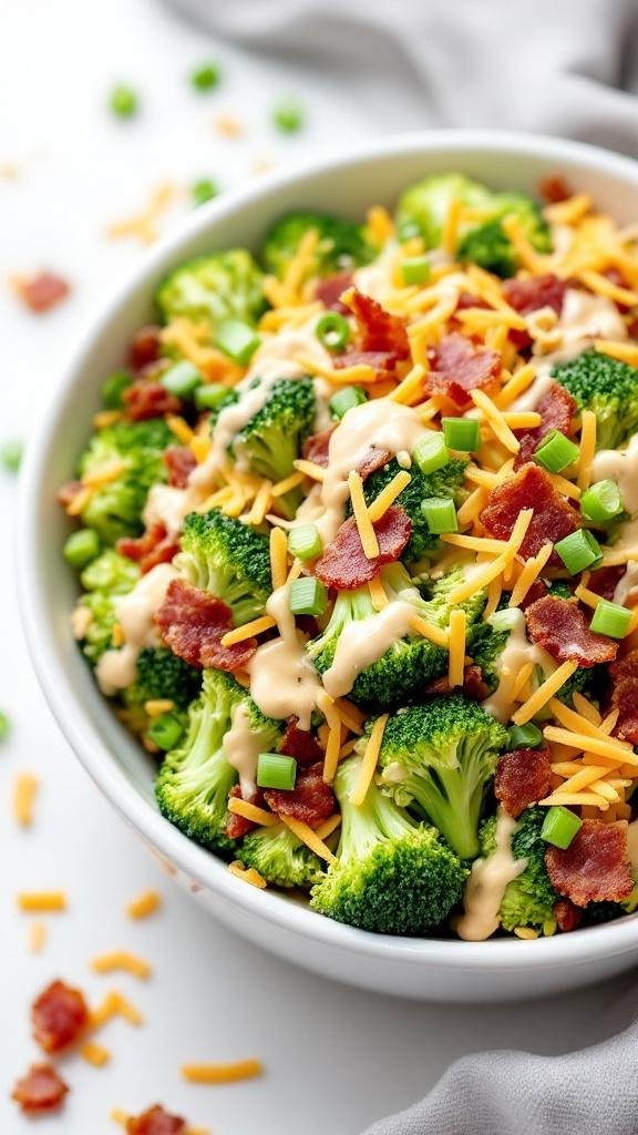 A bowl of creamy broccoli salad topped with bacon and cheddar cheese.