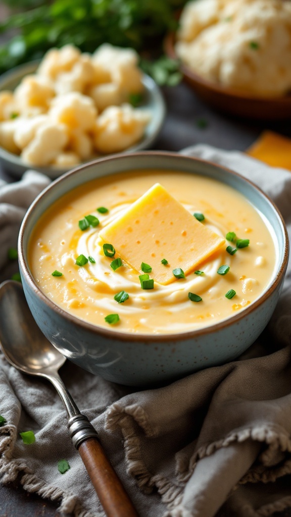 Creamy cauliflower and cheese soup garnished with chives