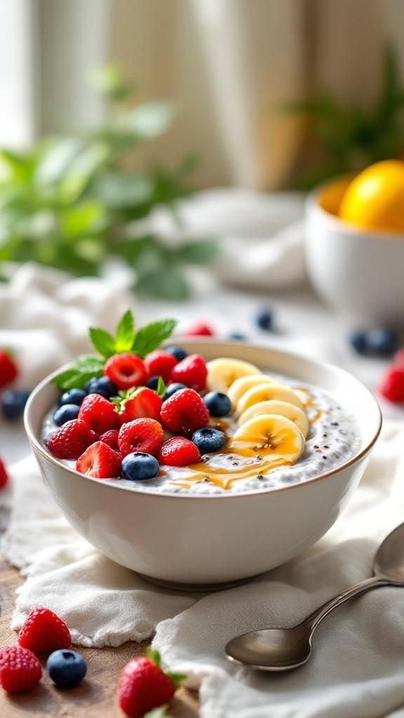 A bowl of creamy chia seed pudding topped with fresh berries and banana slices