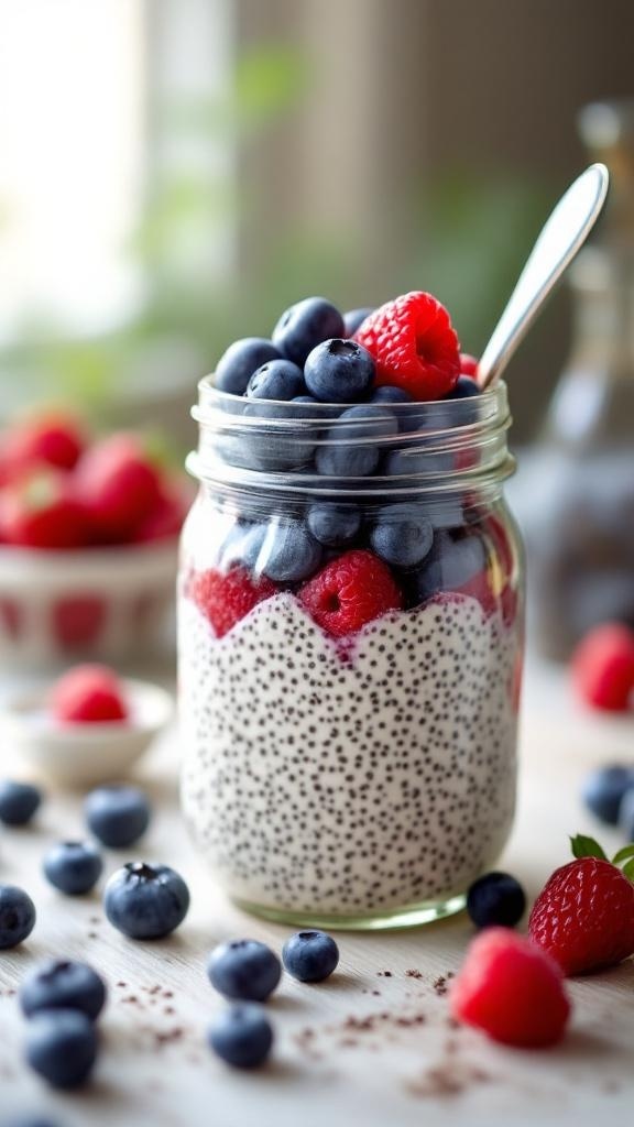 A jar of creamy chia seed pudding topped with fresh blueberries and raspberries.