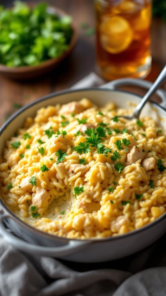 Creamy chicken and rice casserole in a pot, garnished with parsley.