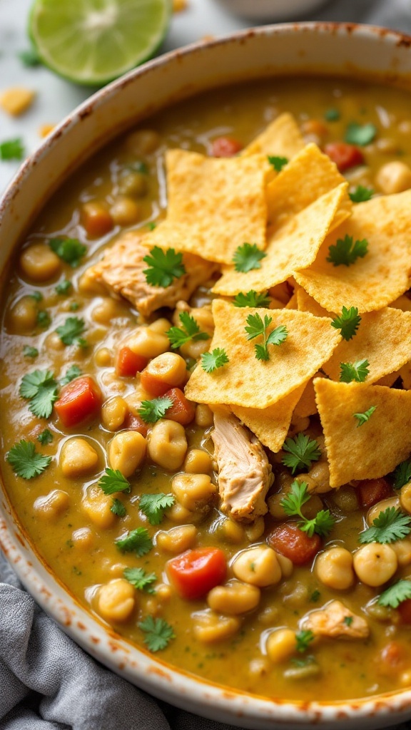 A bowl of creamy chicken chili topped with tortilla chips and cilantro.