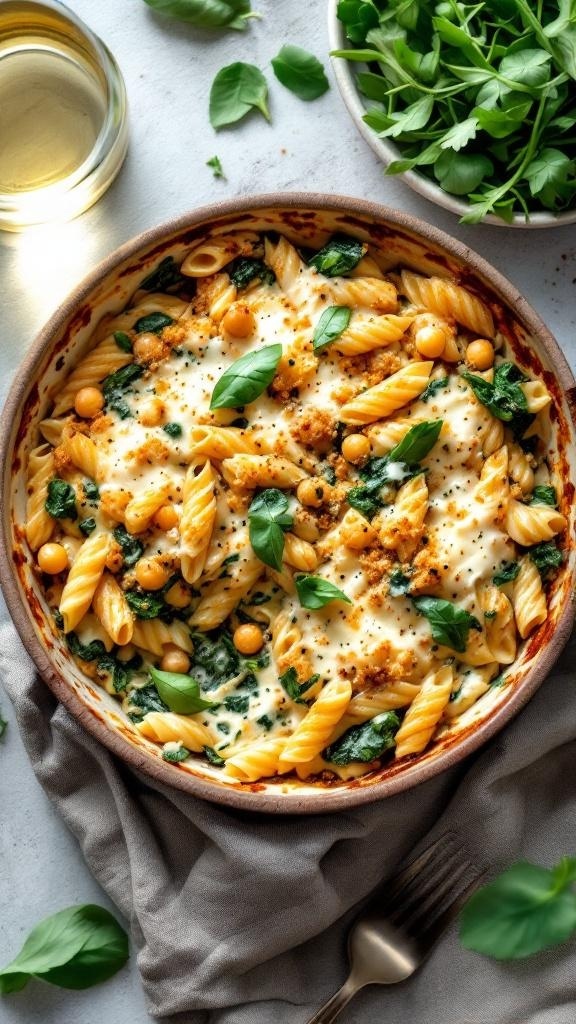 Creamy chickpea and spinach pasta bake in a dish with fresh greens on the side.