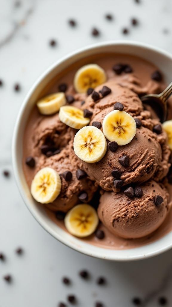 A bowl of creamy chocolate banana ice cream topped with banana slices and chocolate chips.