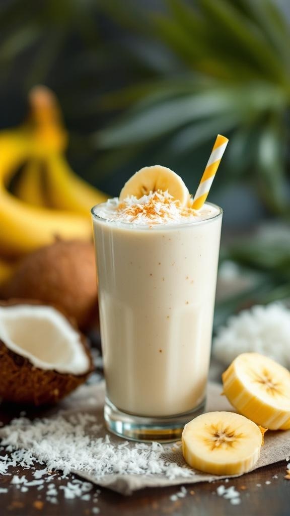 Creamy Coconut Banana Smoothie in a glass with a straw, surrounded by bananas and coconut.