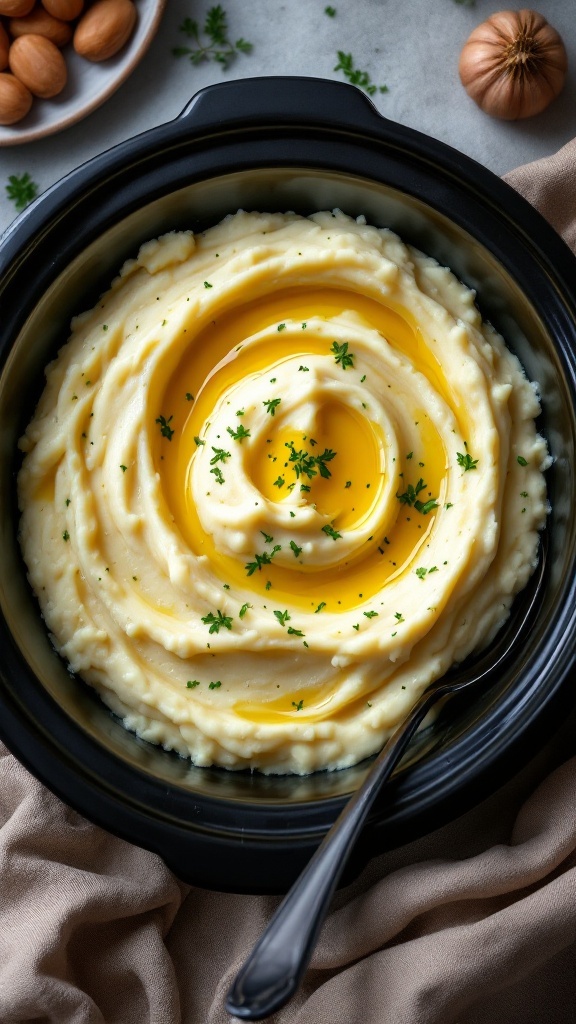 Creamy garlic mashed potatoes in a crockpot