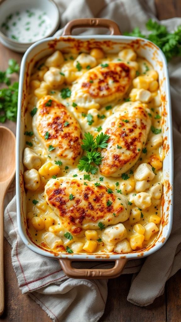 A creamy garlic parmesan chicken casserole with golden cheese and garnished with parsley.