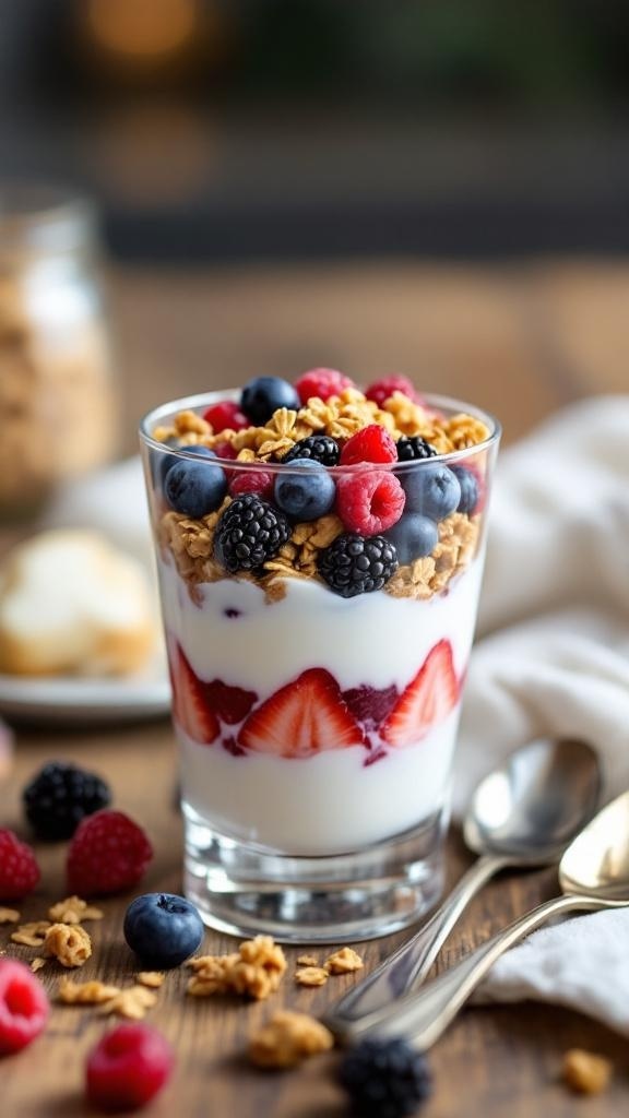 A delicious Greek yogurt parfait layered with fresh fruits and granola in a clear glass.