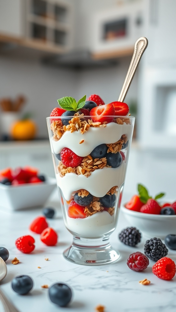 A glass of creamy Greek yogurt parfait layered with fresh berries and granola, garnished with mint leaves.