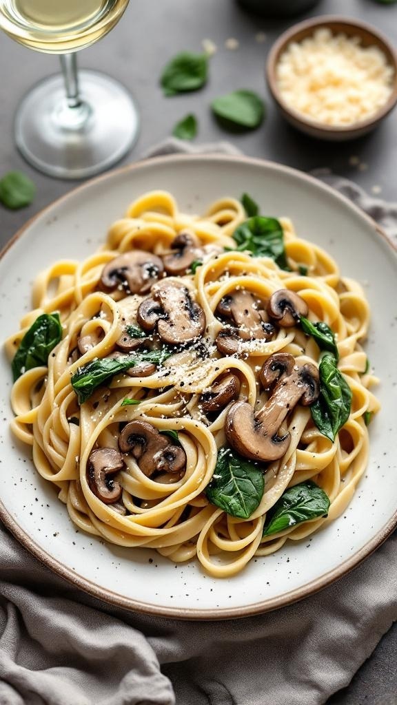 A plate of creamy mushroom and spinach pasta garnished with parsley.