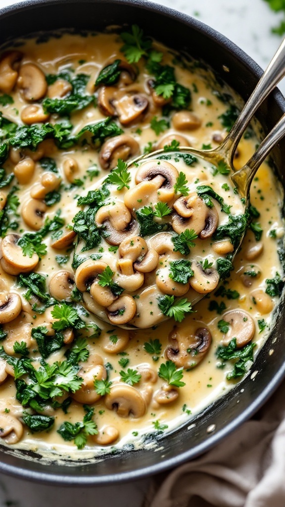 Creamy mushroom and spinach dish in a skillet