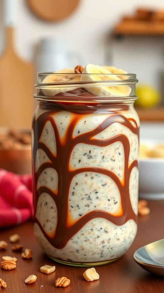 A jar of creamy Nutella and banana overnight oats topped with banana slices and drizzled with chocolate.