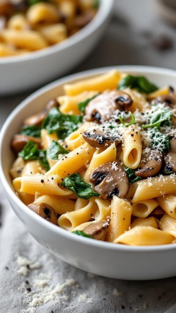 Creamy one-pot mushroom and spinach pasta in a bowl