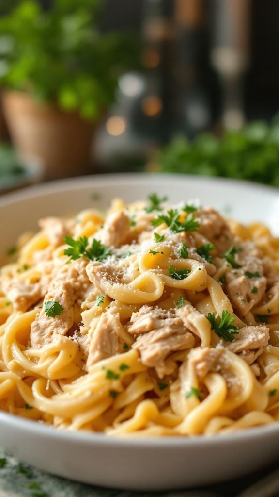 Creamy shredded chicken pasta garnished with parsley in a bowl