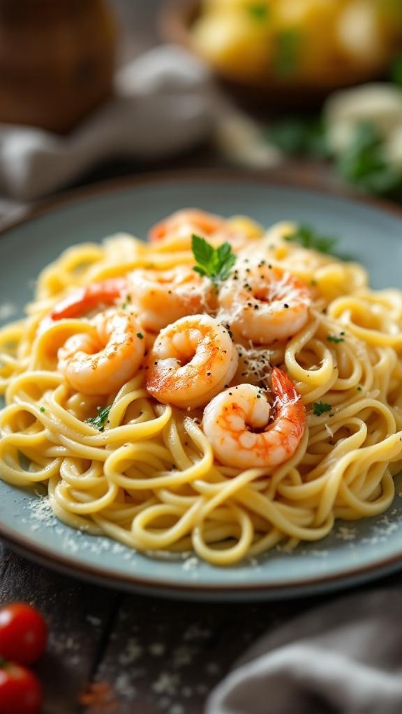 A plate of creamy shrimp pasta garnished with parsley and served with a side of cherry tomatoes.