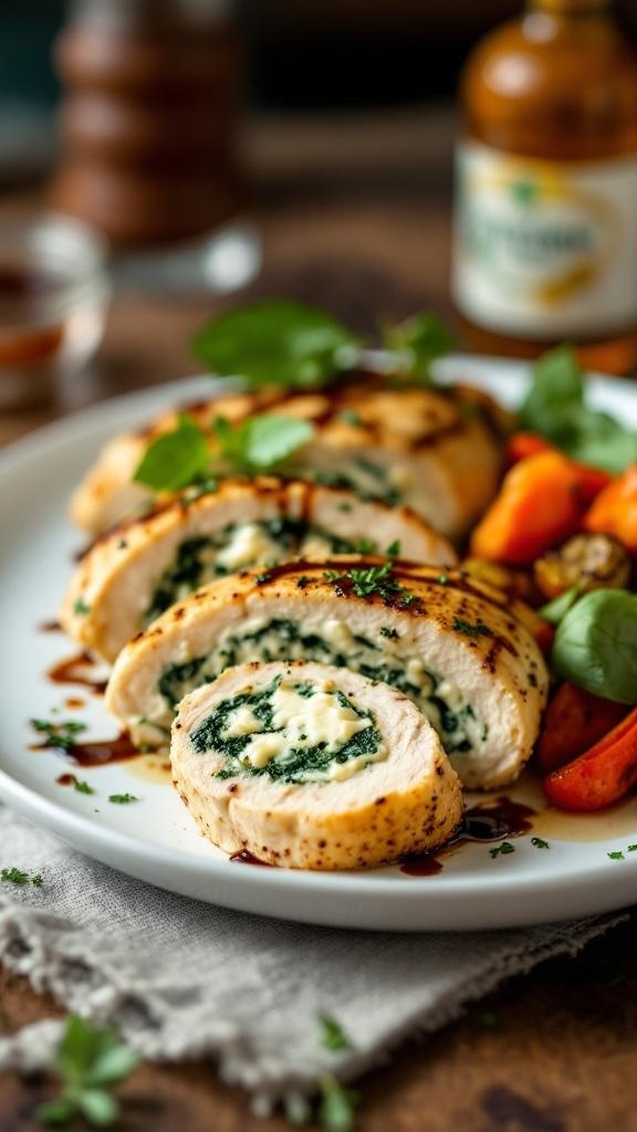 Creamy spinach and artichoke stuffed chicken on a plate with vegetables