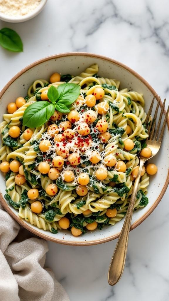 A bowl of creamy spinach and chickpea pasta garnished with basil and red pepper flakes.