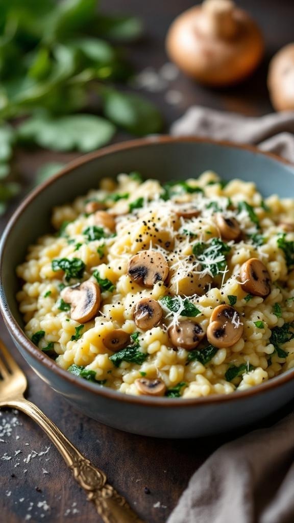 A bowl of creamy spinach and mushroom risotto topped with grated parmesan cheese.