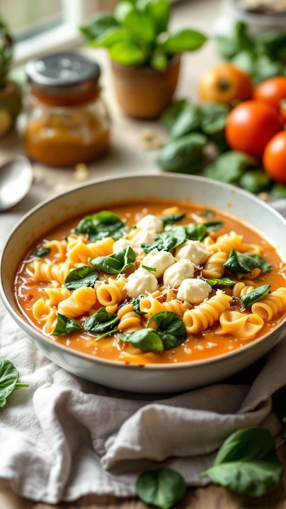A bowl of creamy spinach and ricotta lasagna soup garnished with spinach and cheese.