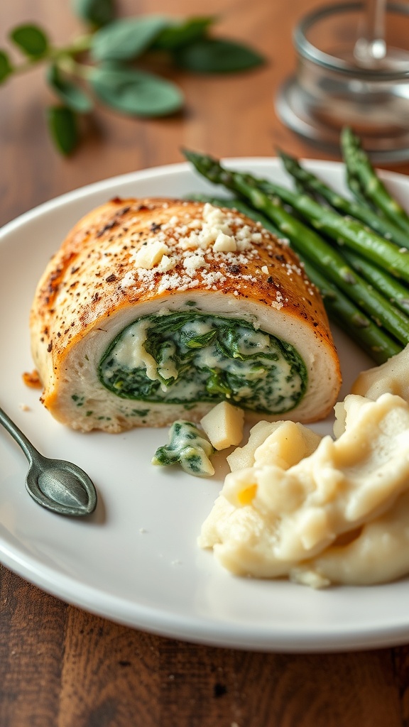 Creamy spinach stuffed chicken breast served with asparagus and mashed potatoes.