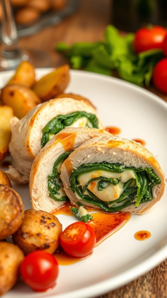 Creamy Spinach Stuffed Chicken served with roasted potatoes and cherry tomatoes on a plate.