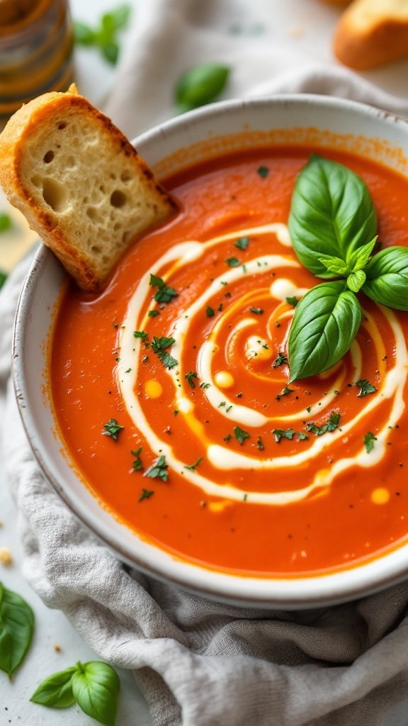A bowl of creamy tomato basil soup topped with basil leaves and a swirl of cream, served with a slice of bread.