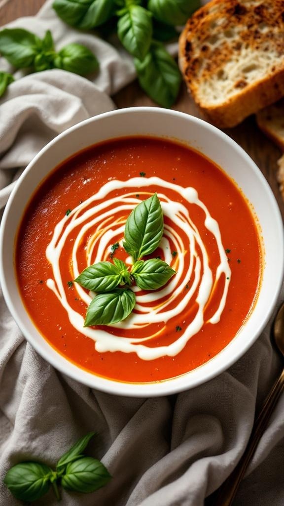 A bowl of creamy tomato basil soup garnished with fresh basil leaves and a swirl of cream, accompanied by crusty bread.