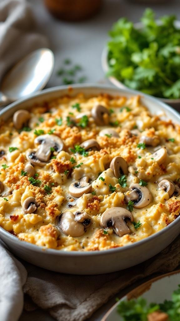 Creamy turkey and mushroom casserole in a baking dish topped with breadcrumbs and parsley