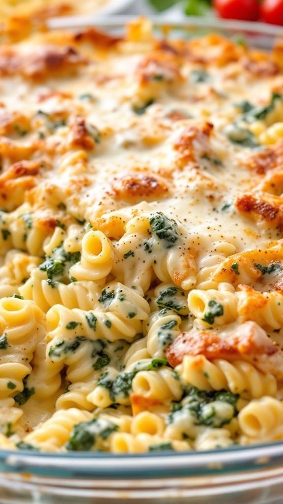 A creamy turkey and spinach pasta bake topped with melted cheese.