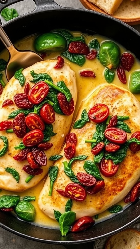 Creamy Tuscan chicken breasts with spinach and sun-dried tomatoes in a skillet