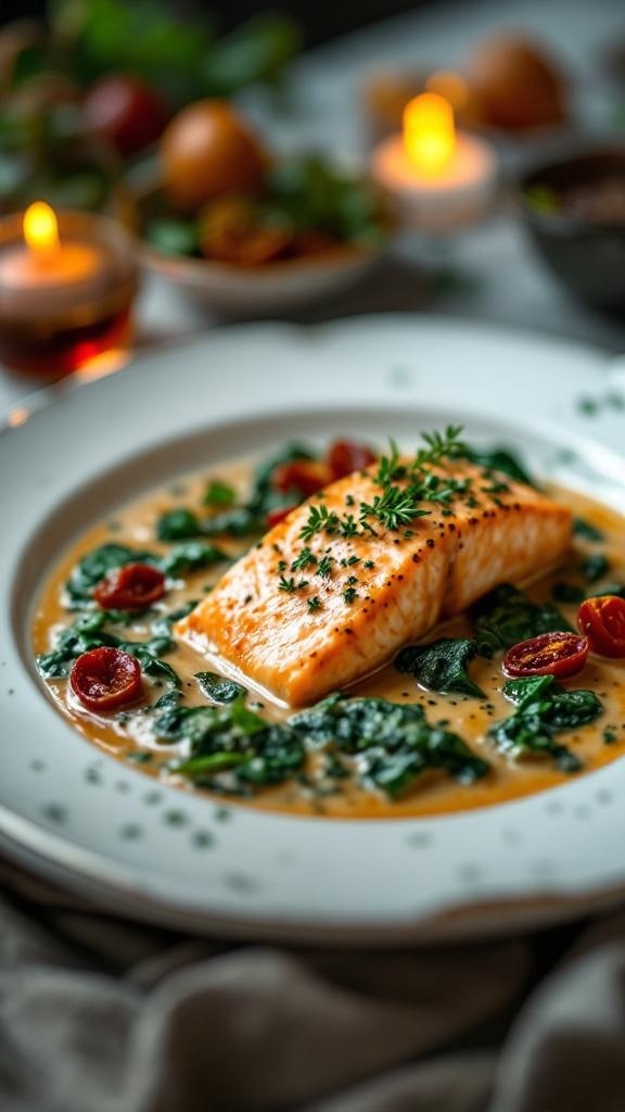Creamy Tuscan Salmon with Spinach and Sun-Dried Tomatoes served on a plate