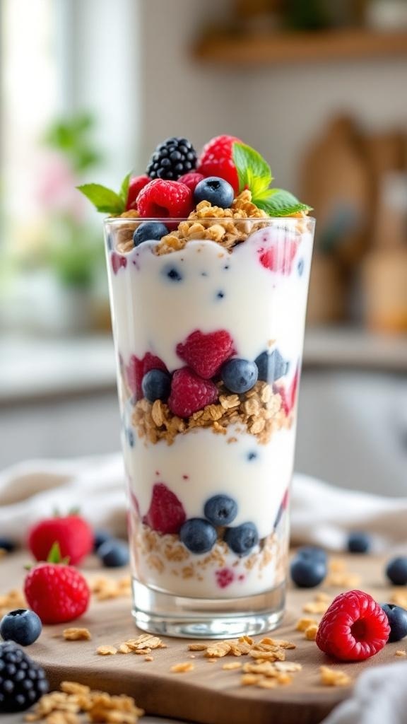 A tall glass filled with layers of yogurt, granola, and fresh berries, garnished with mint leaves.