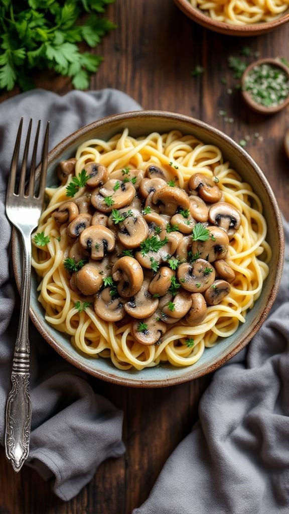 A bowl of creamy vegan mushroom stroganoff served over pasta, garnished with parsley.