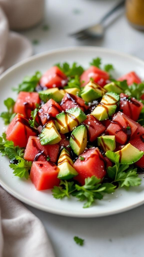 A vibrant salad featuring watermelon cubes, avocado slices, and fresh herbs, drizzled with balsamic glaze.