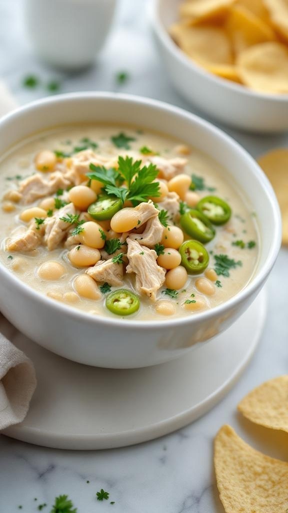 A bowl of creamy white chicken chili topped with cilantro and jalapeños, served with tortilla chips.