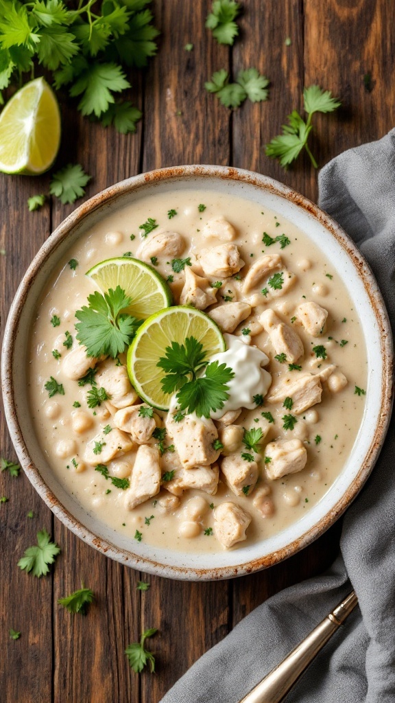 A bowl of creamy white chicken chili with lime and cilantro garnish.
