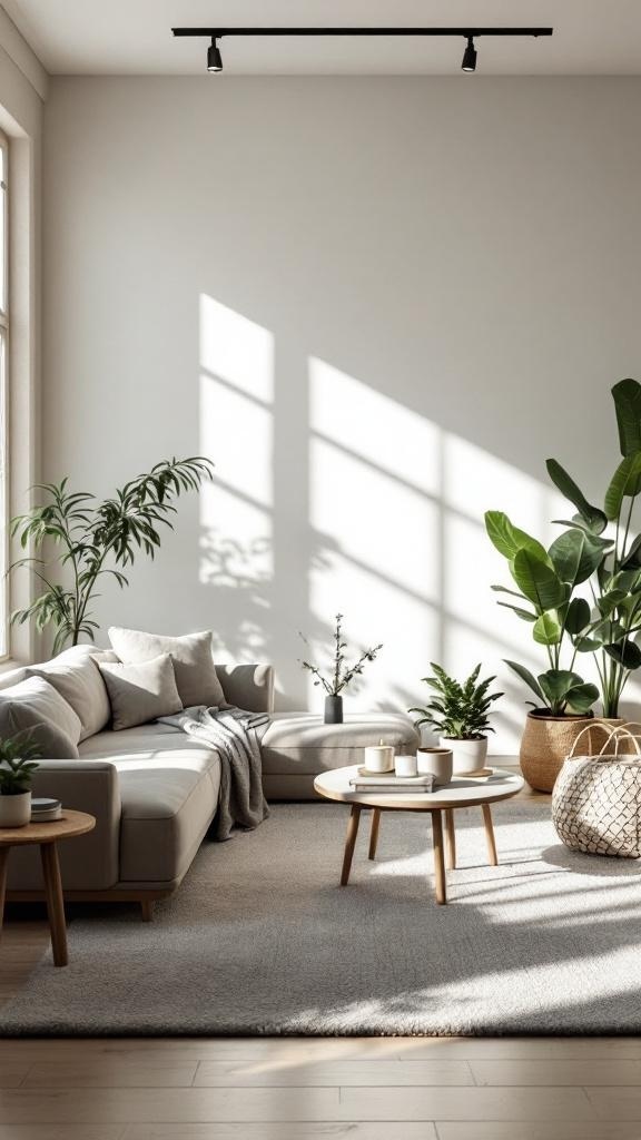 A bright and airy living room with a sofa, plants, and a coffee table, showcasing a clutter-free space.