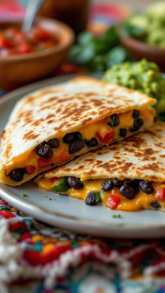Delicious quesadillas filled with black beans and peppers, served with guacamole and salsa.
