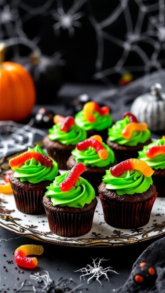 Creepy Crawly Cupcakes with green frosting and gummy worms